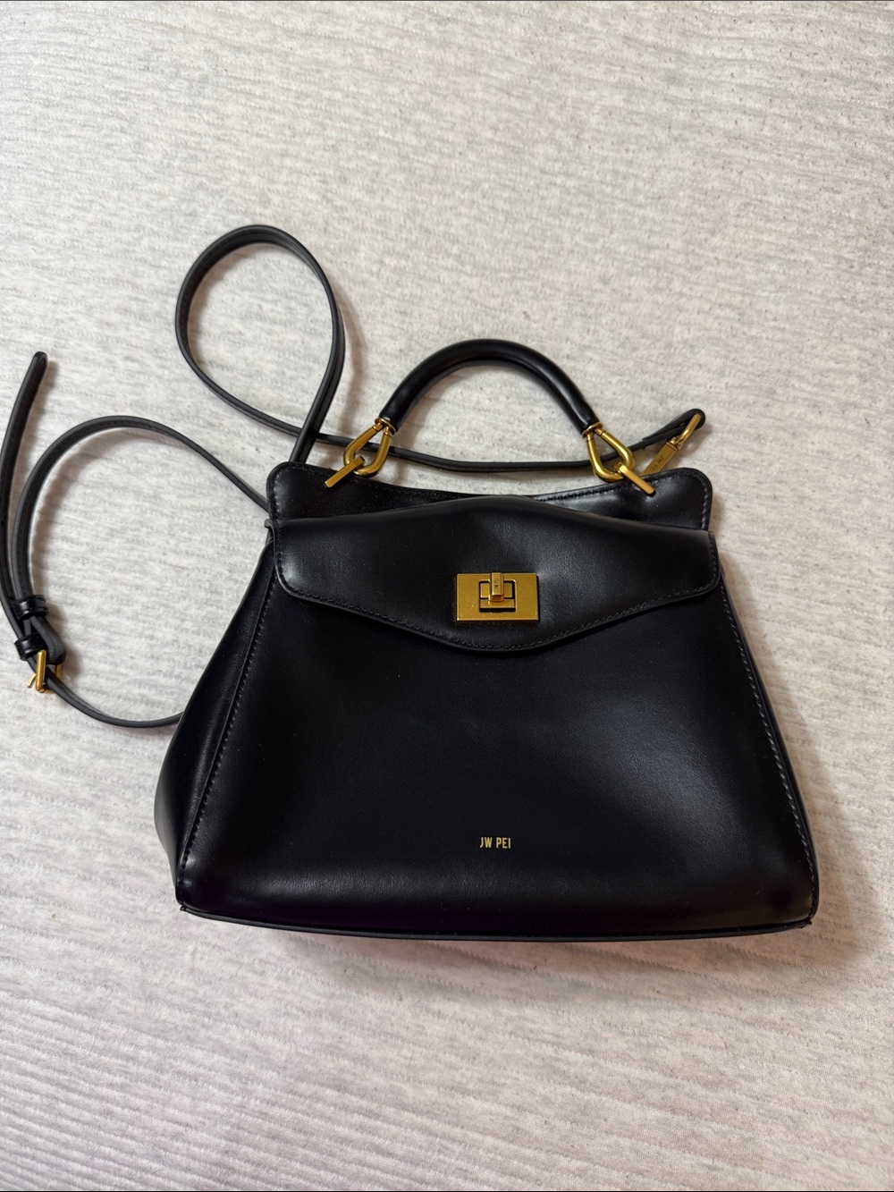 JW PEI Black Leather Structured Top-Handle Satchel with Gold Hardware
